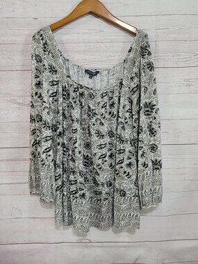 Lucky Brand Peasant Top Womens 1X Gray Black Paisley Square Neck Cottage Boho
